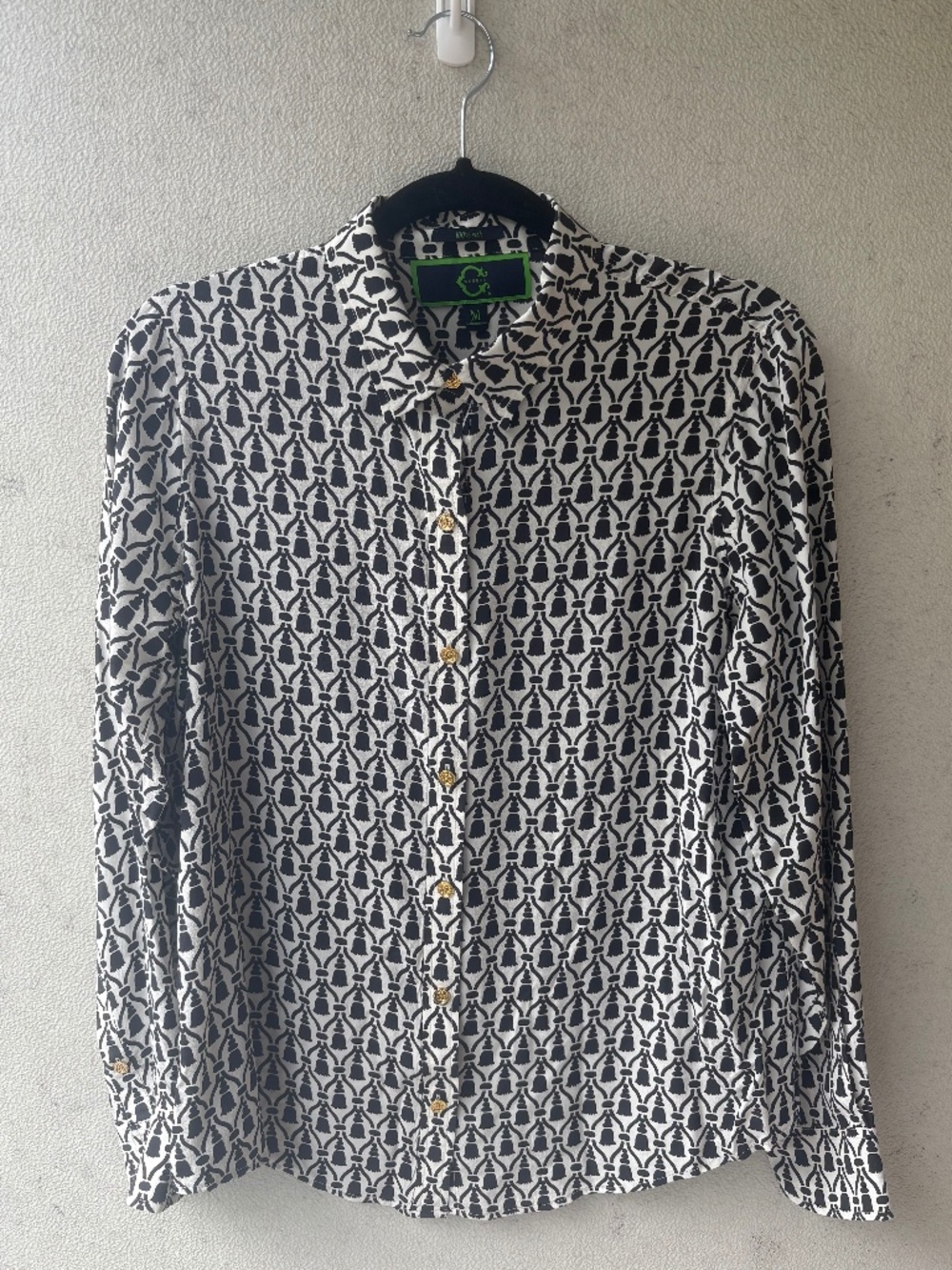 C. Wonder 100% Silk Tassel Print Button Down Shirt M Gold Buttons
